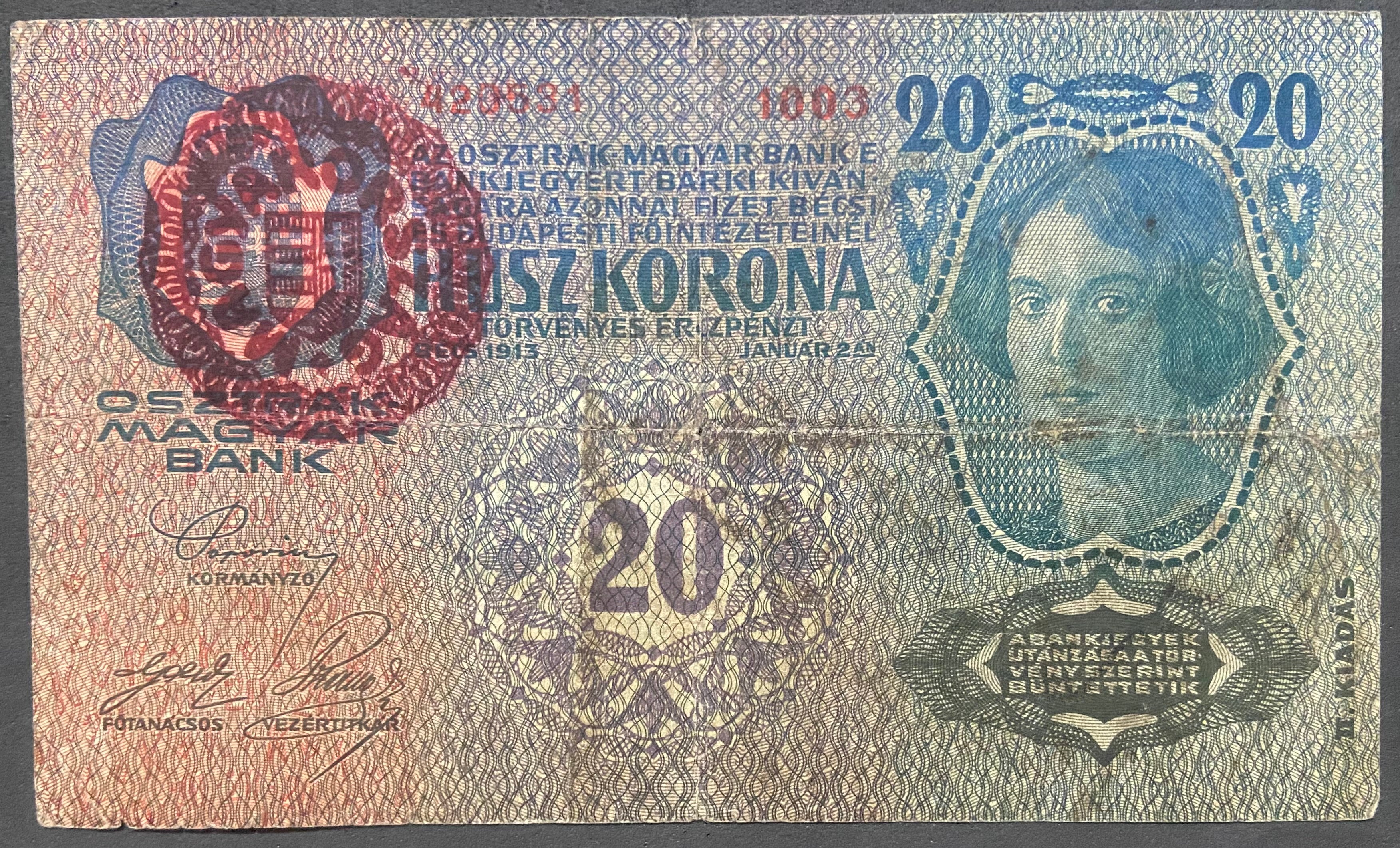 20 korona - 1913 - II. kiadás - Magyar felülbélyegzés
