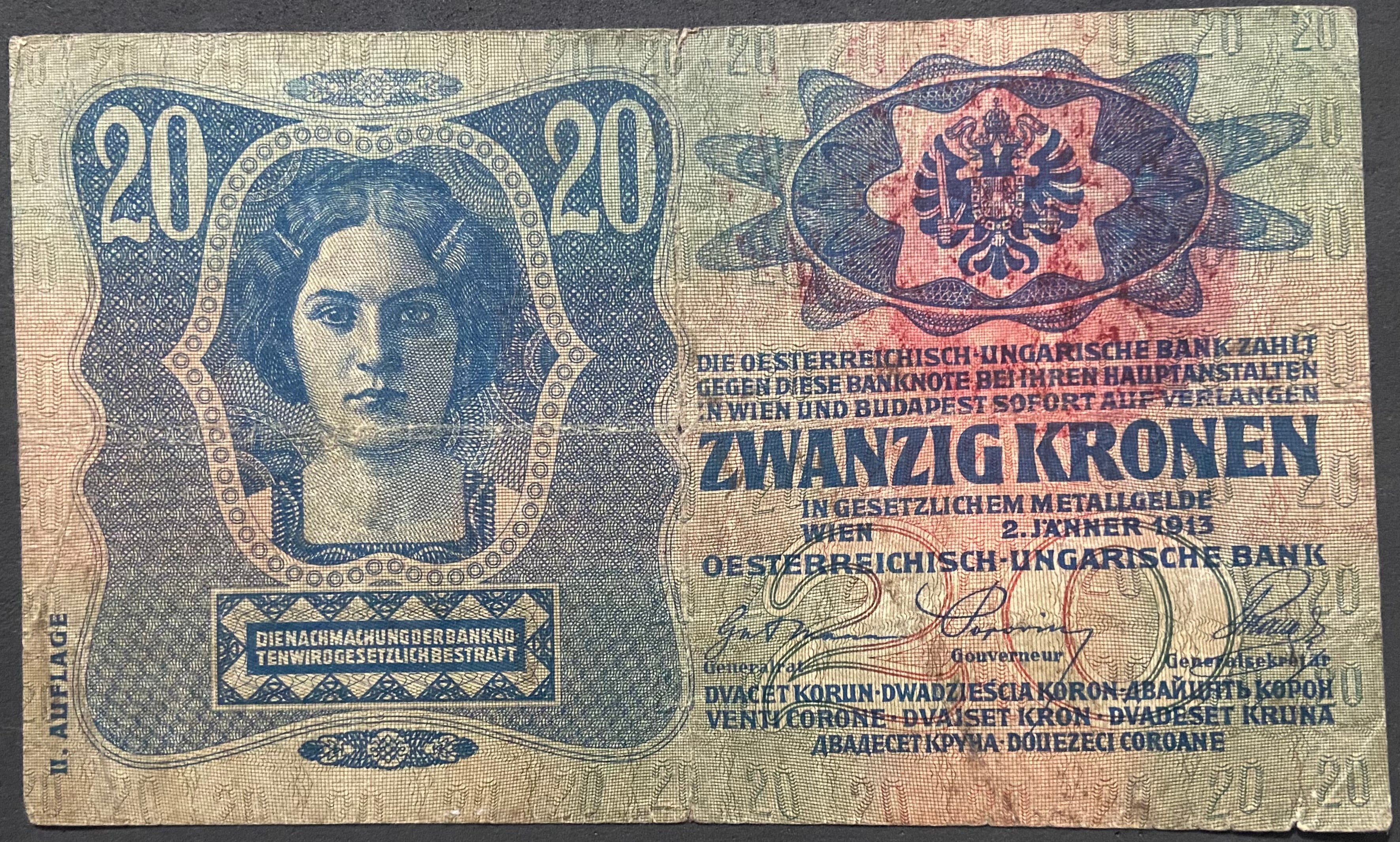 20 korona - 1913 - II. kiadás - Magyar felülbélyegzés