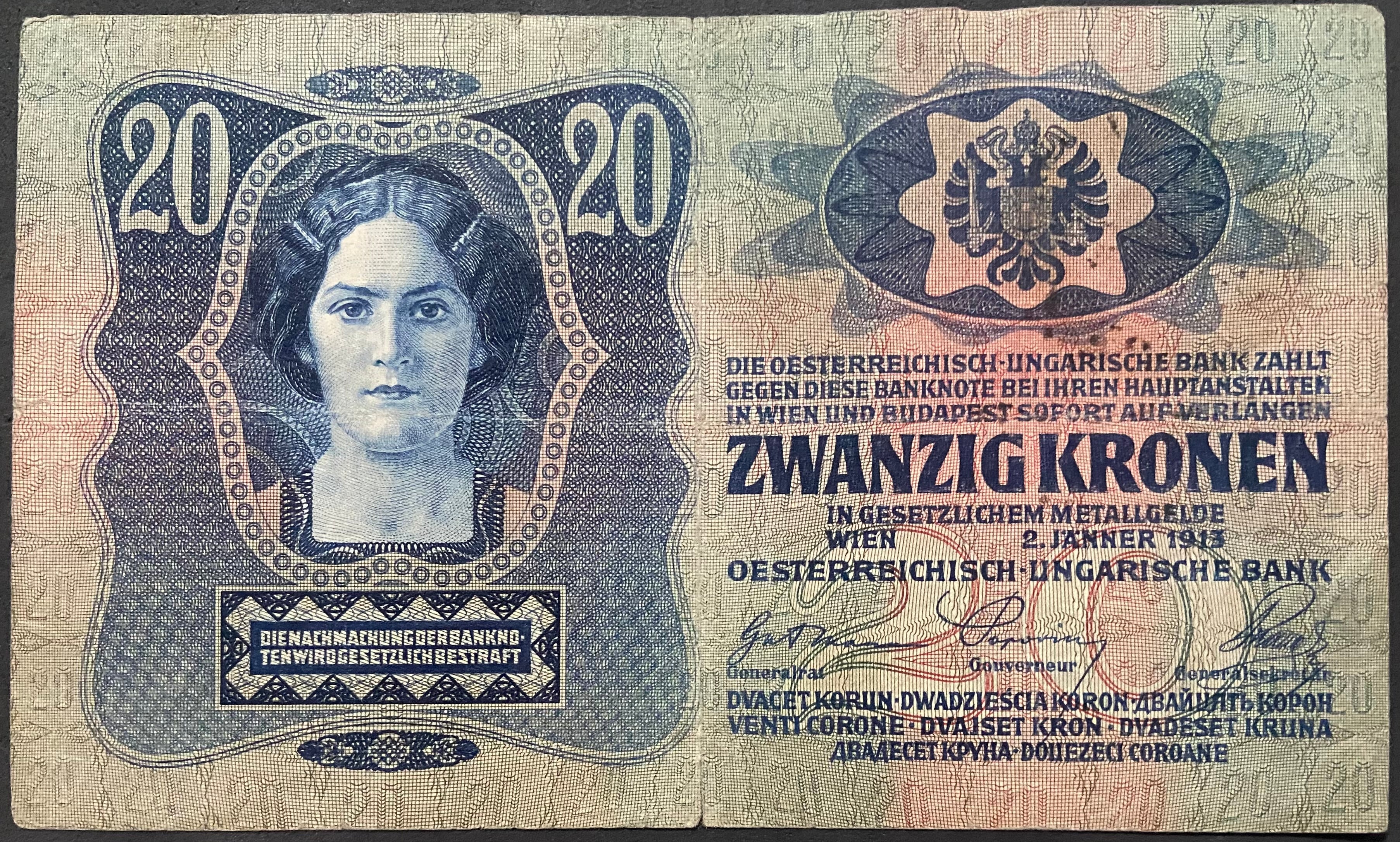 20 korona - 1913 - I. kiadás - Román felülbélyegzés