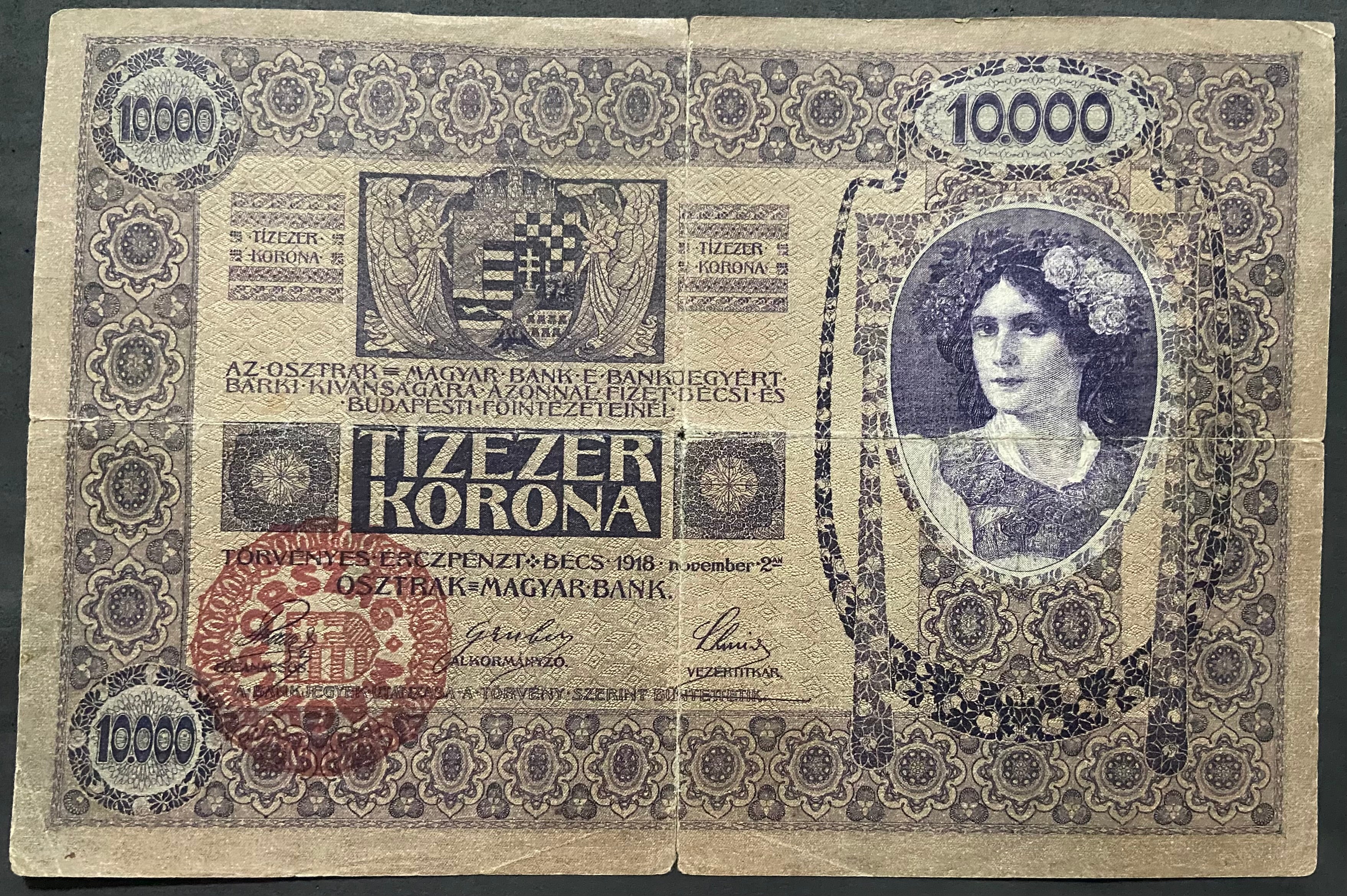 10000 korona - 1918 - Magyar felülbélyegzés